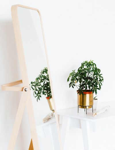Ein grosser heller aufstellter Spiegel auf weissem Hintergrund mit einem Blumentopf in einer goldenen Vase